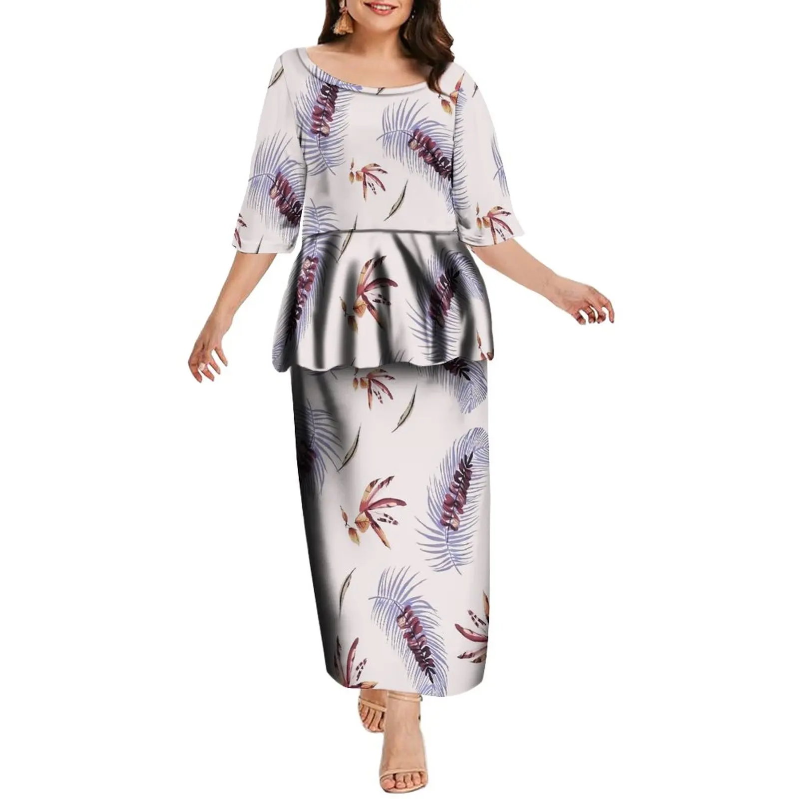 Женское платье с рукавом до локтя длинное в полинезийском этническом стиле