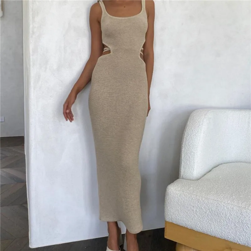 

Женское трикотажное платье в полоску, однотонное пляжное длинное платье с U-образным вырезом, открытой спиной и поясом без рукавов для отдыха на лето