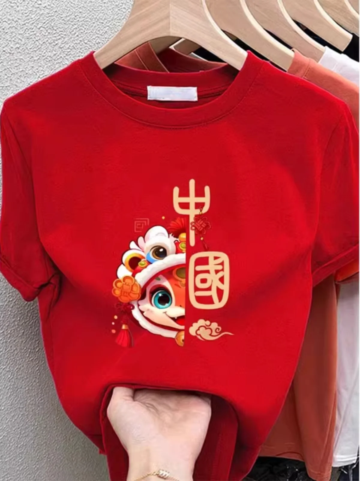 Extra Large 50.00kg Red Western Sle Snake Year of Fate Pure Cotton Short sleeve T-shirt 2025 New Couple look Half Sleeve
