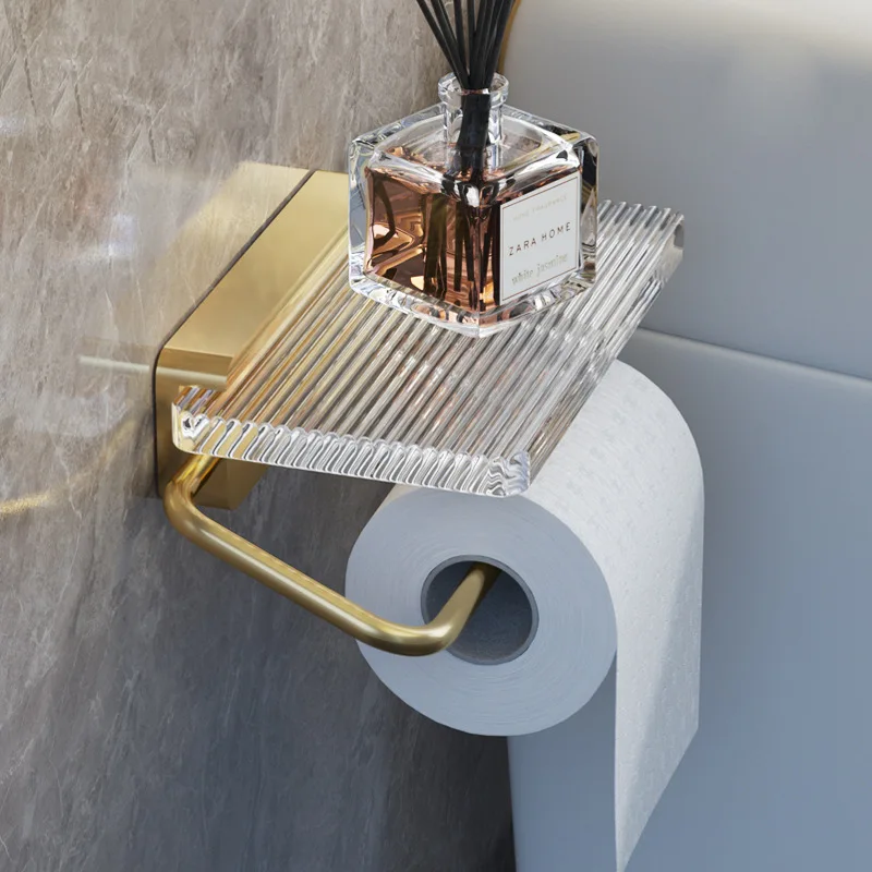 

Gold Rolling Paper Holder Bathroom Acrylic Toilet Paper Towel Holder Wall-mounted Punch-Free Toilet Paper Box Mobile Phone Shelf