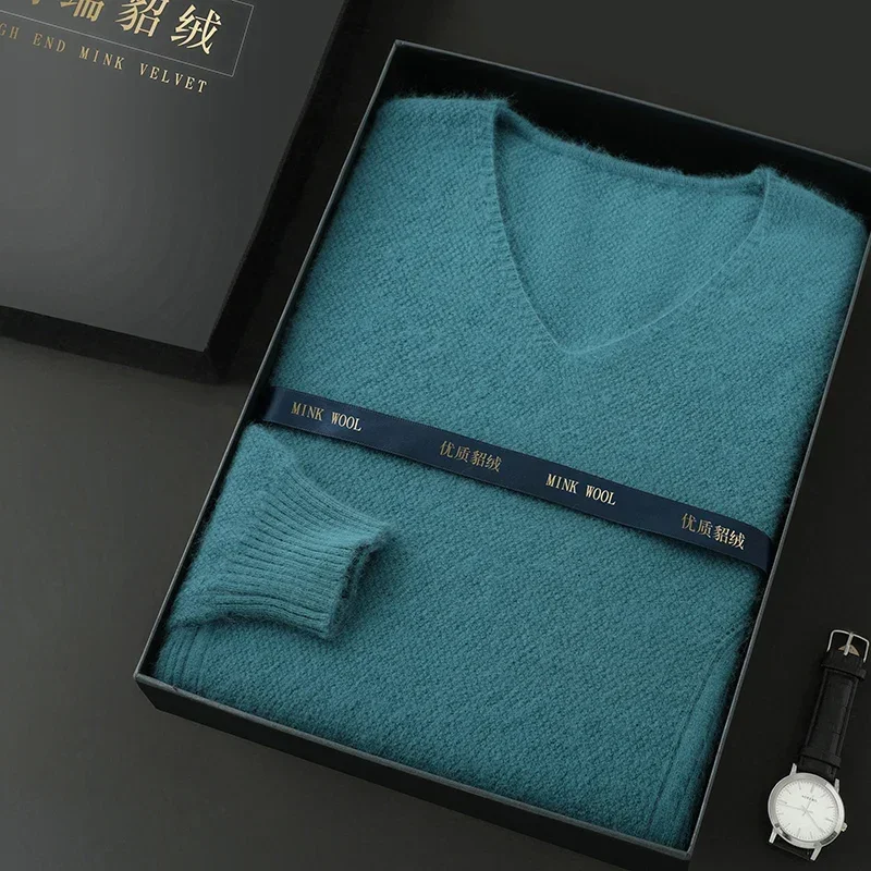 2024 новый мужской свитер из 100% норки и кашемира пуловеры с v-образным вырезом