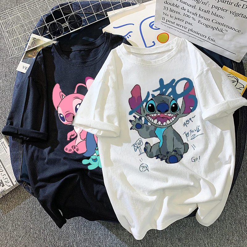 

Disney Stitch T-shirt ladies summer cartoon top T-shirt fashion men and women with the same white T-shirt bottoming hot sale