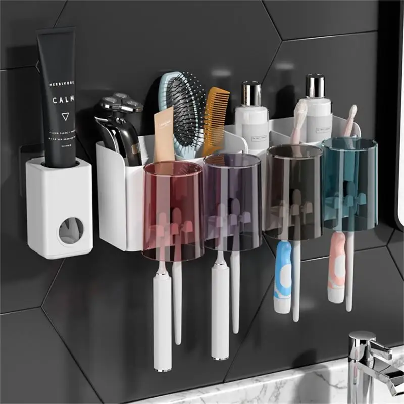 

Wall Mounted Storage Box Punch-free White Toothbrush Holder Traceless Toothpaste Squeezer Storage Tools Toothbrush Set Creative