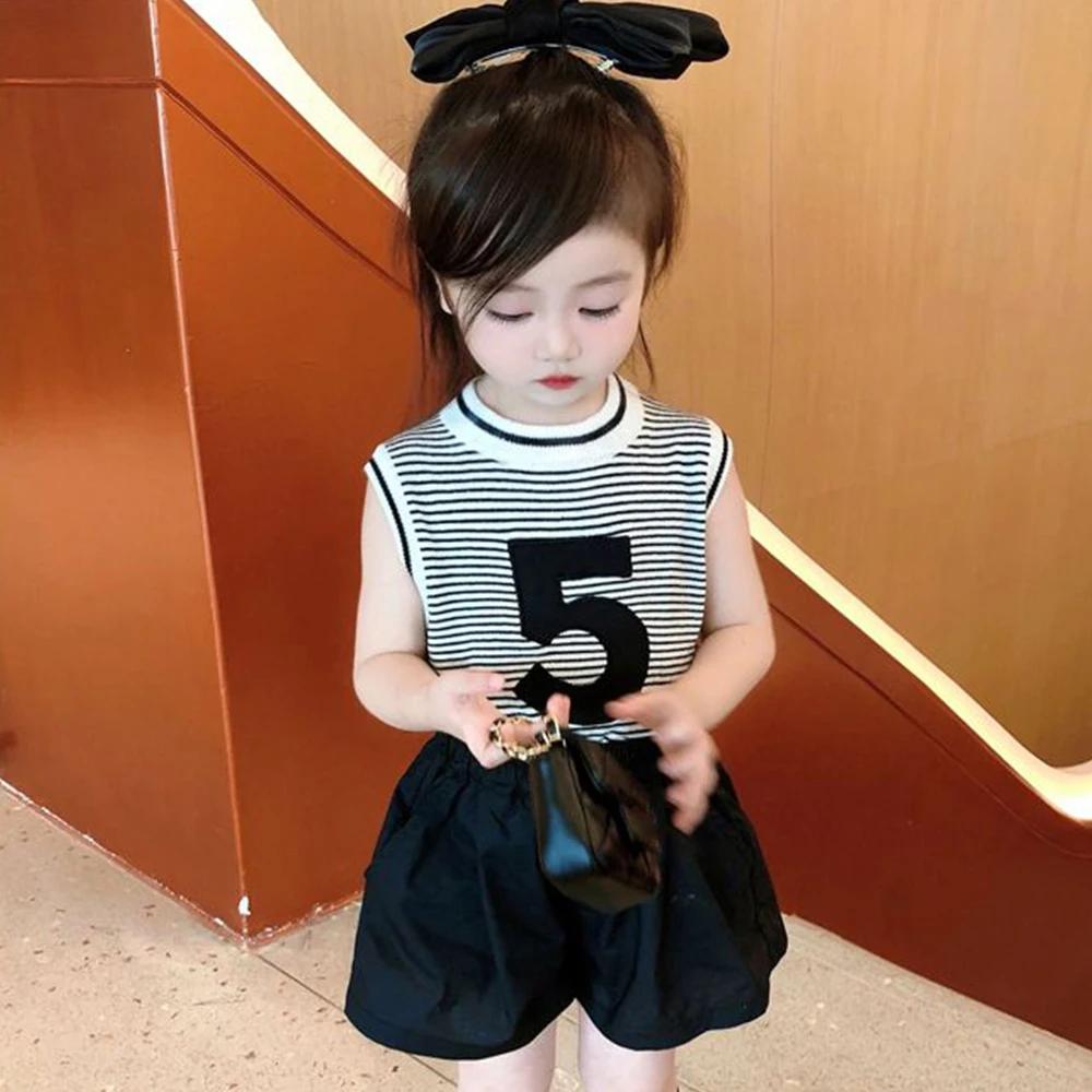

Melario Summer Girl Suit Children's Clothing Casual Stripe Shirt + Shorts 2pcs Sets Baby Kids Clothes Sleeveless Girls Outfits