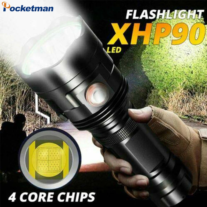 

Super Bright Xhp90 LED Flashlight USB Rechargeable Camping Lanterns Waterproof 18650 Aluminum Alloy Torch Outdoor Emergency Lamp