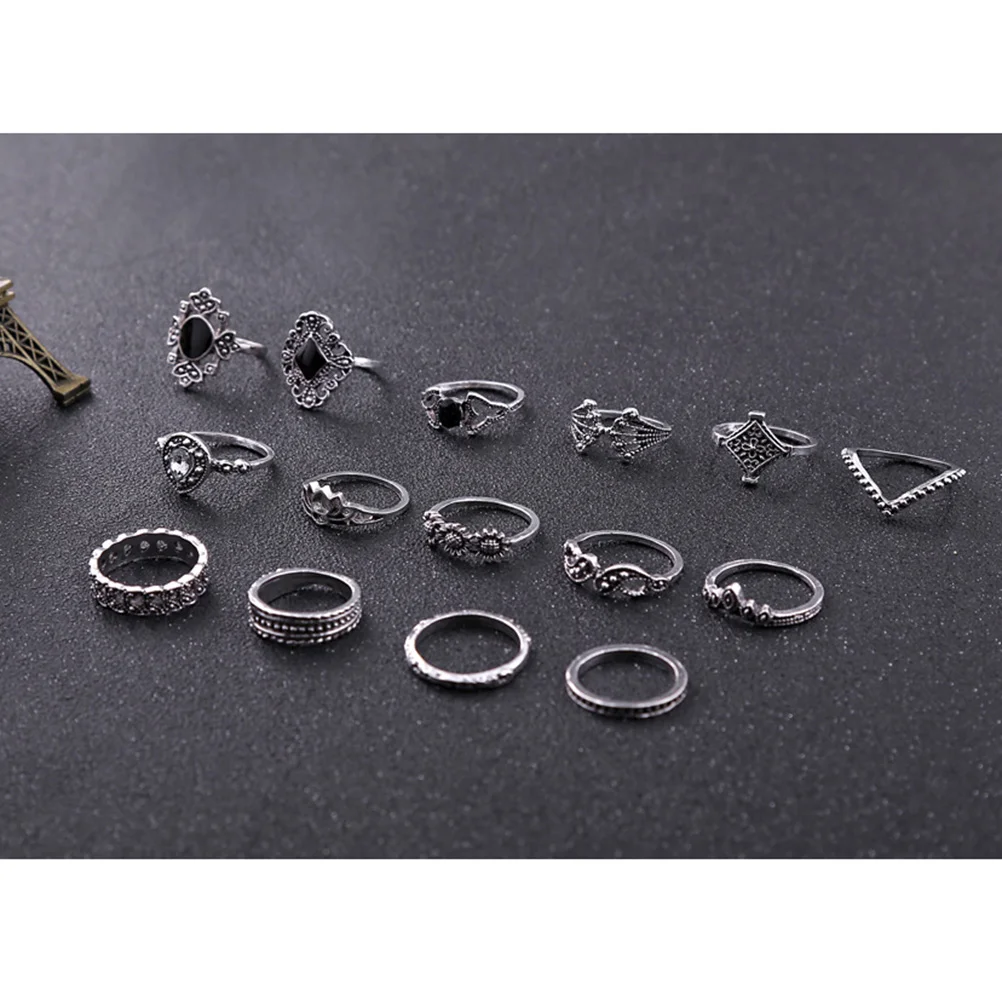

Carved Female Rings Hollow Geometric Black Gemstone Rings Finger Ring Set for )