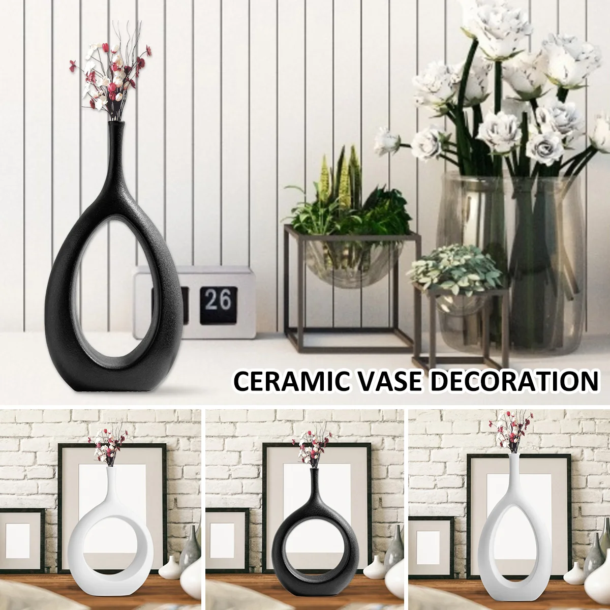 

Nordic Ceramic Donut Vase Circular Ceramic Flower Vase with Hollow Design Hand-made Dry Flowers Pot Modern Art Desktop