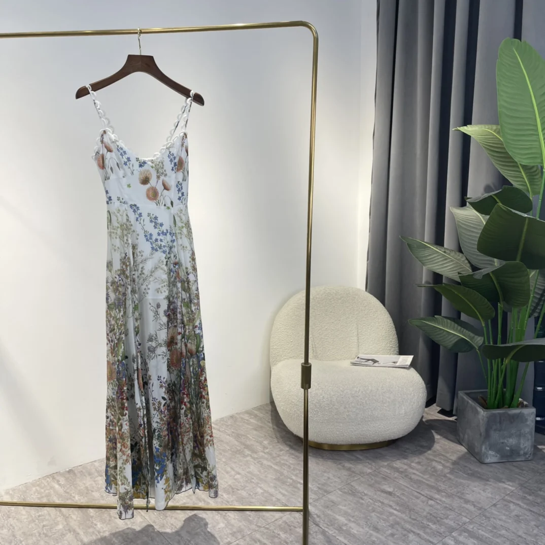 

Cotton Floral Print Unique Designed Shirred Stretchable Back Camisole Midi White Dress 2022 Summer New Arrival Top Quality