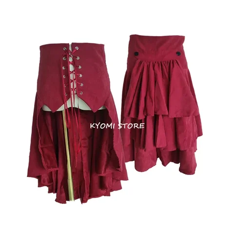 Юбка Готическая В Стиле Лолита для косплея, плиссированная трапециевидная юбка с оборками и высокой посадкой, Бордовая облегающая уличная юбка на шнуровке в средневековом стиле, Женская