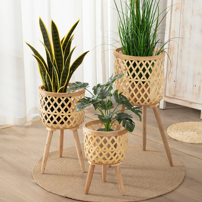 

Nordic ins Living room plant bamboo woven flower basket decoration Bamboo rattan flower pots balcony flower racks woven baskets