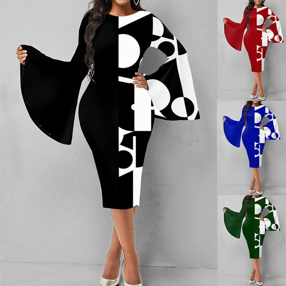 Женское платье-миди с широким рукавом и круглым вырезом |