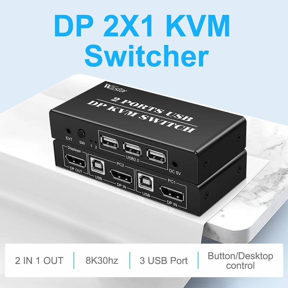 

8K Dual-port DP USB KVM 2x1 Displayport KVM Switch 2 in 1 out 4K 60Hz 2-Port DP 1.4 USB KVM Switch Support Mouse Keyboad Printer