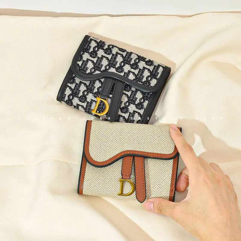 2023 New Retro Fashion Contrast Folding R Lines Printed Short  Small Bag Luxury Femaler Card Holder Coin Purse