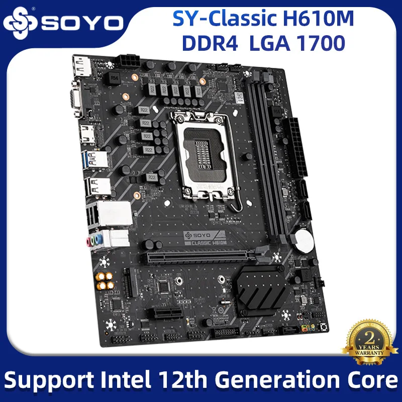 

Материнская плата SOYO Classic H610M для компьютера, двухканальная, DDR4, PCIE4.0x16, M.2 SSD, поддержка ЦП 12400/12400F/12700(INTEL H610/LGA 1700)