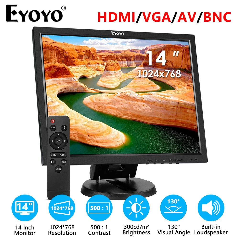 Eyoyo 14-дюймовый 1024x768 маленький монитор для камер видеонаблюдения с входом HDMI/VGA/AV/BNC, Встроенные динамики, пульт дистанционного управления