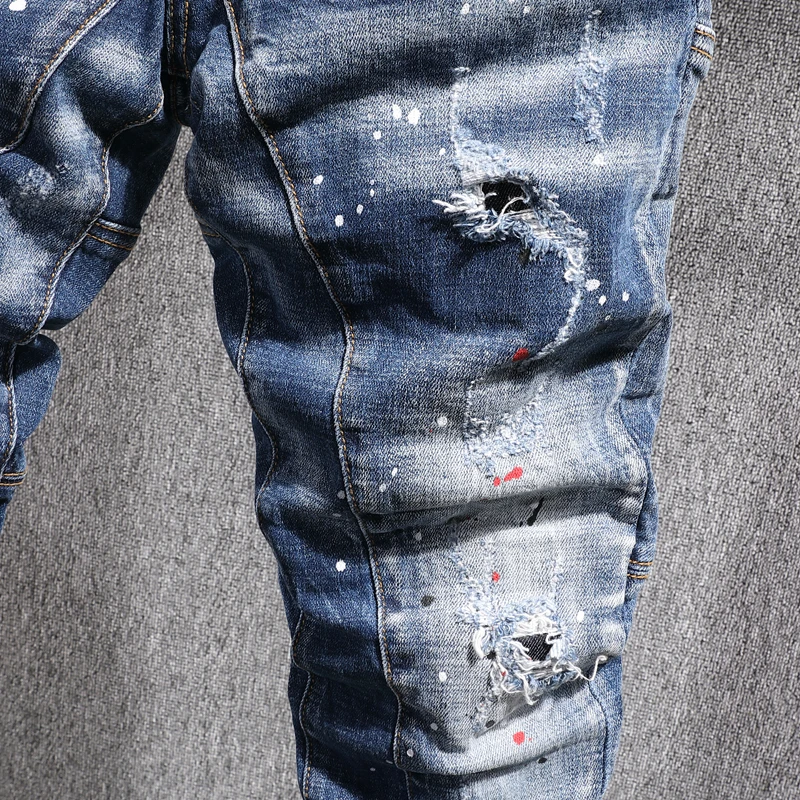 Street Fashion Men Jeans Retro Blue Stretch Painted Designer Slim Fit Biker Jeans Homme Hip Hop Ripped Pants Men Hole Trousers