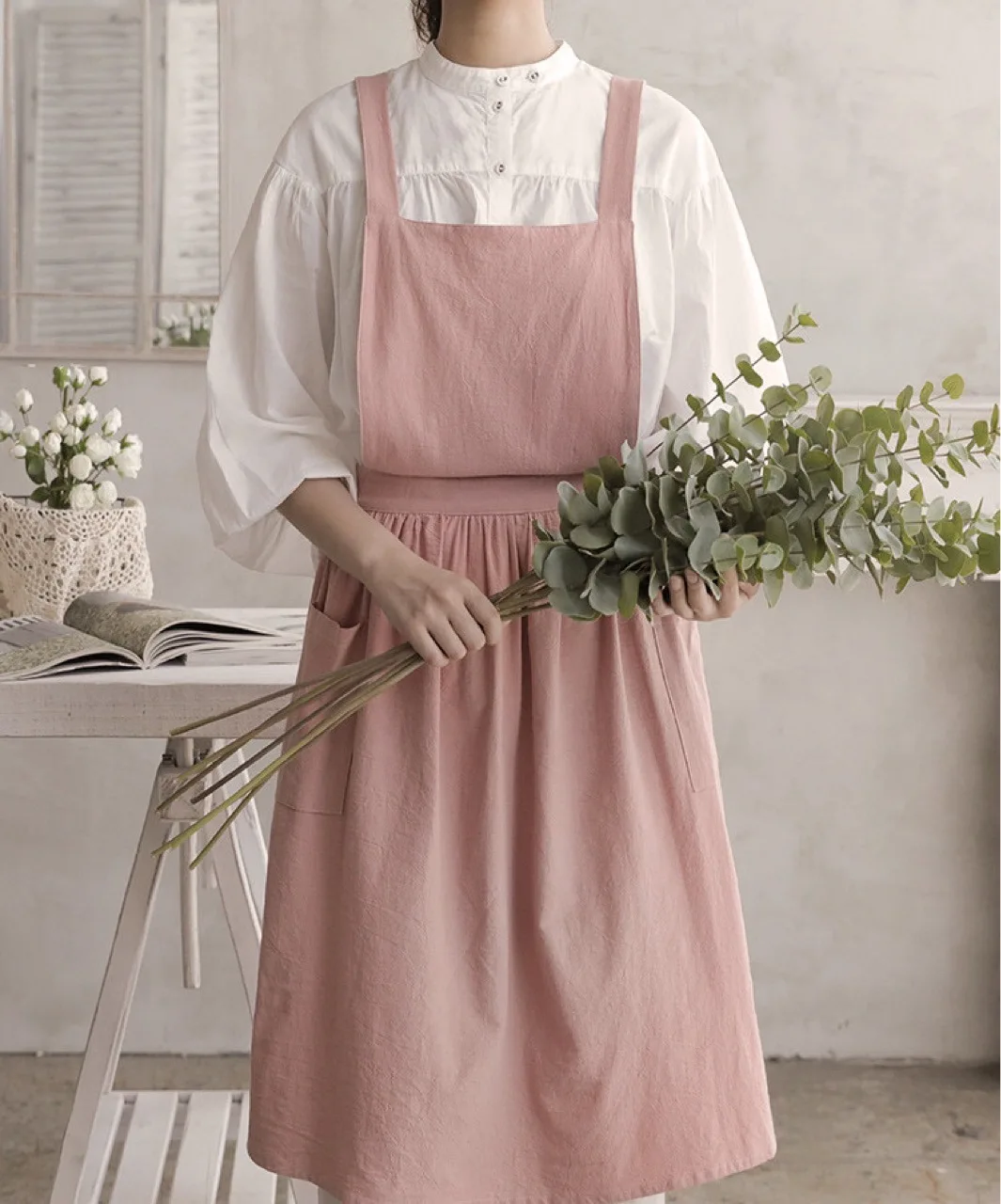 

Solid Color Art Advertising Flower Shop Work Dress Cotton Apron Long Style Temperament Commuter Skirt Kawaii Kitchen Women