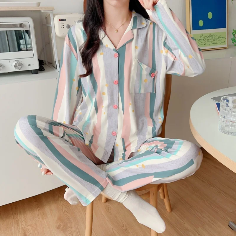 2023 New Ladies' Homewear Long-Sleeved Trousers Cardigan Suit Spring and Autumn Pajamas Women's Homewear Can Be Worn outside