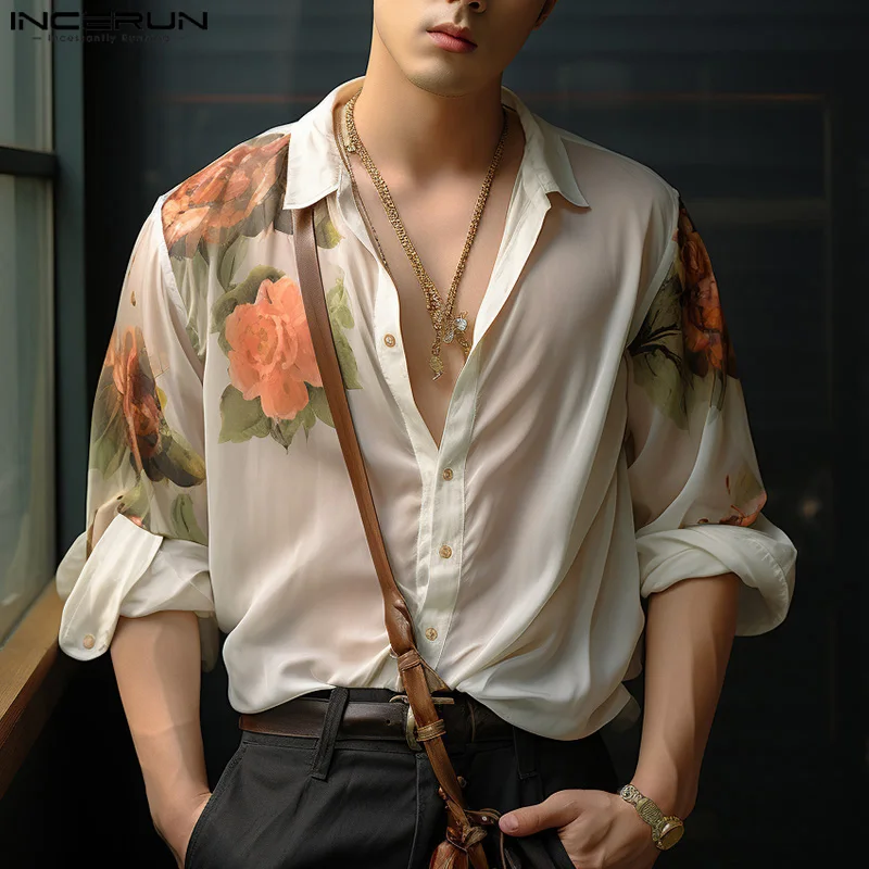 Мужская рубашка с цветочным принтом отложным воротником и длинным рукавом