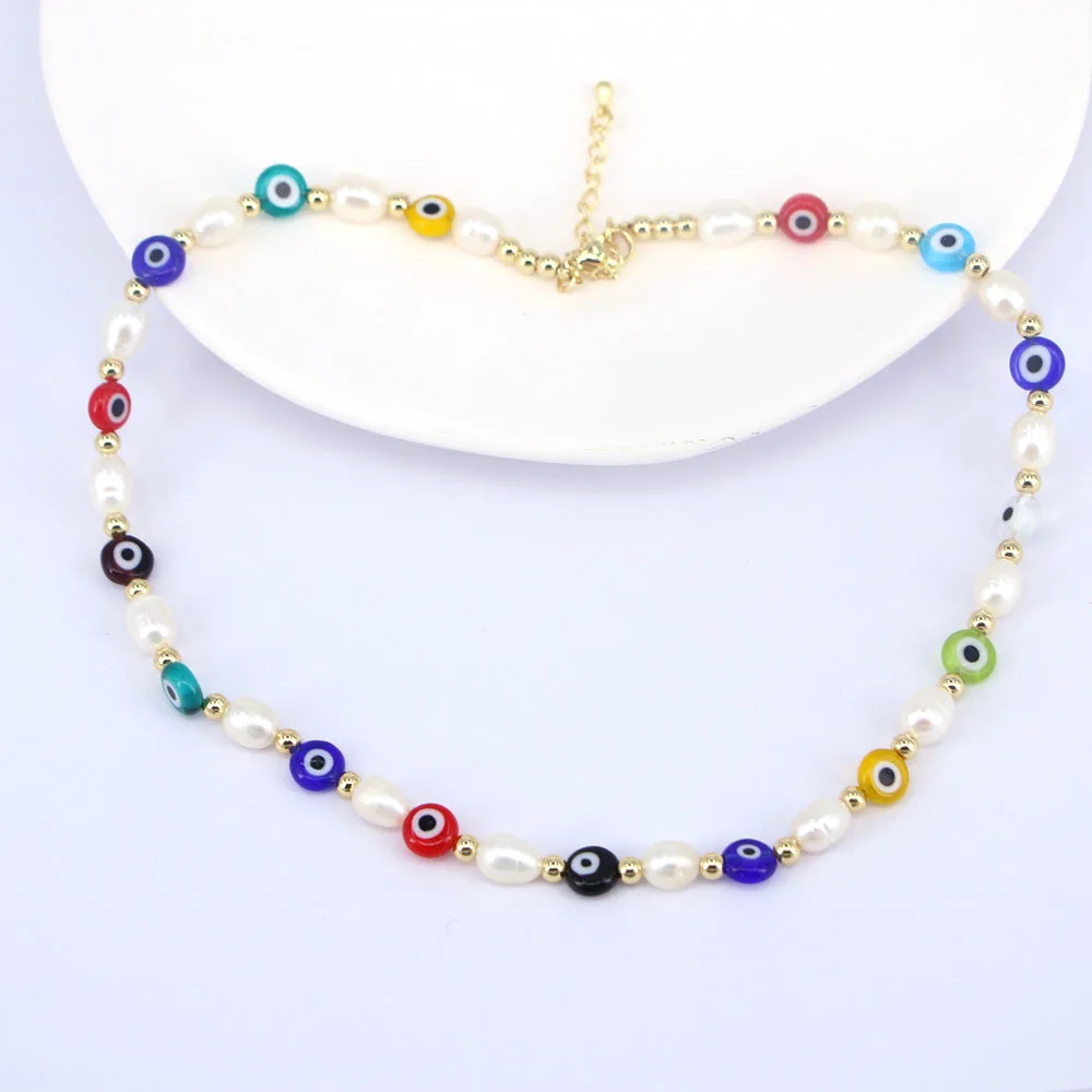 

Vlen Lucky Evil Eye Necklace Natural Freshwater Pearl Choker Necklaces for Women Colorful Beaded Collar Boho Jewelry