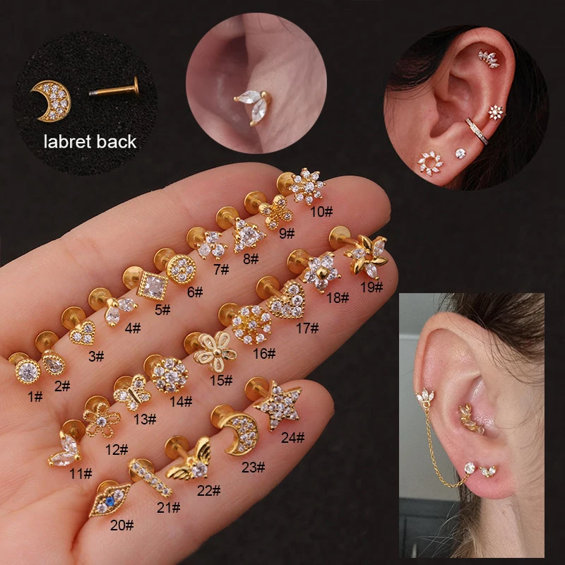 

1Piece Flat Labret Back Flower Crown Heart Moon Stud Earring Cz Mini Cartilage Helix Daith Conch Rook Tragus Ear Piercing