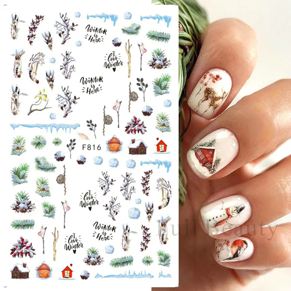 

Зимний дизайн ногтей Снежная елка 3D Рождественский стикер милый мультфильм лося Пингвин слайдеры наклейки Новогодние украшения 2023 LAF816