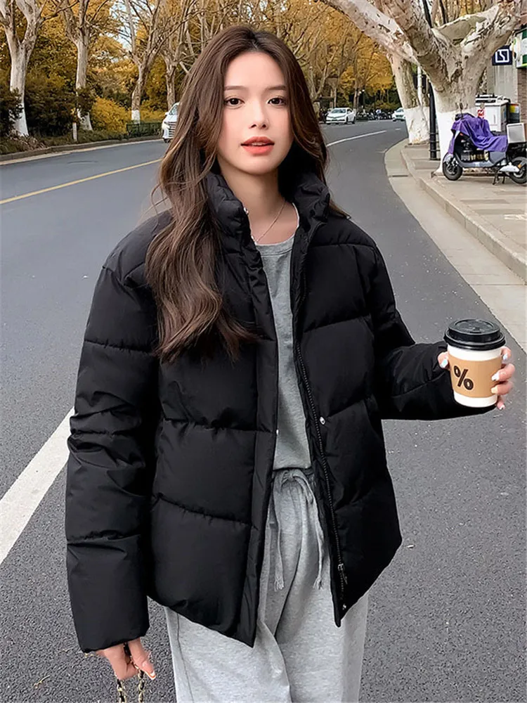 

Cotton Coat Women Black Stand Collar 2023 Autumn Winter New Fashion Small Girls Thick Warmth Bread Jacket Clothing Feminina