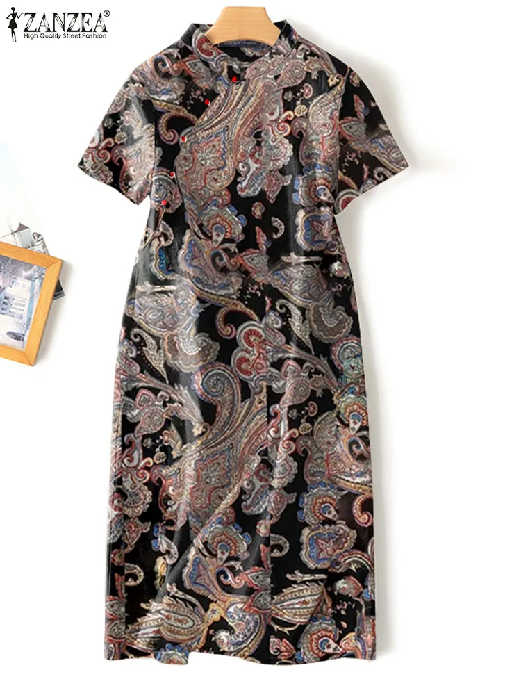 

Платье ZANZEA женское средней длины с воротником-стойкой и принтом пейсли, винтажное платье-Ципао оверсайз, Повседневное платье с коротким рукавом, лето 2023
