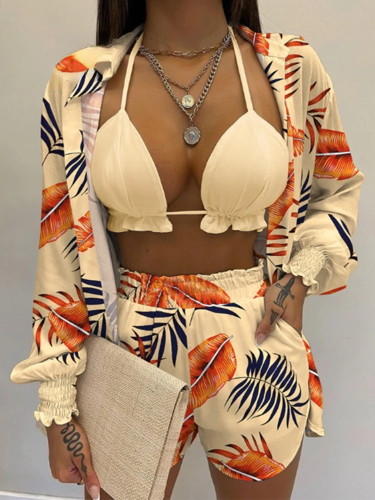 

New Women's Summer Suit Printed Lantern Sleeve Shirt Shorts 3pc Set Swimsui Women Bikini Set Women's Suit Women's Tracksuit