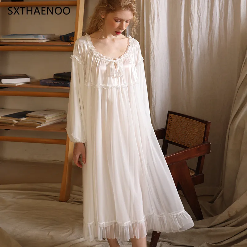 

SXTHAENOO New Retro Palace White Lace Pajamas Nightdress Chest Straps Solid Color Sleepwear Night Dress Women Lenceria Femenina