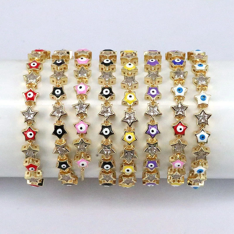 

6Pcs Gold Plated Turkish Eyes Enamel Multicolored Crystal Zircon CZ Micro Pave Star Link Chain Bracelets for Women