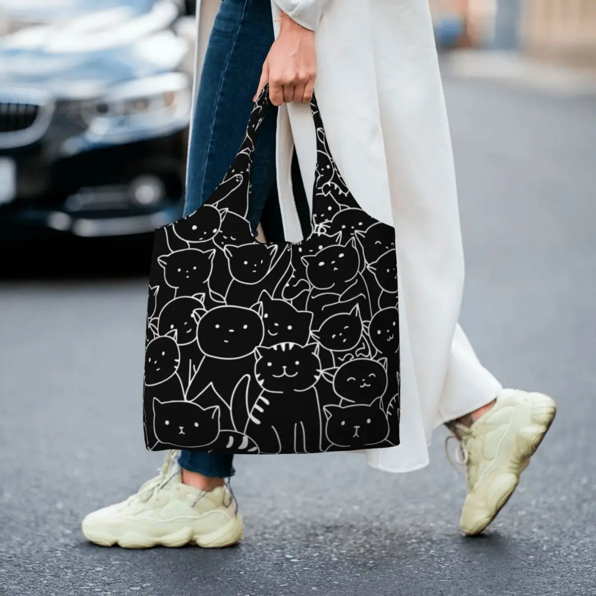 

Black Cat Meme Shopping Bag Funny Cats Print Woman Gift Handbags Retro Cloth Shopping Bags