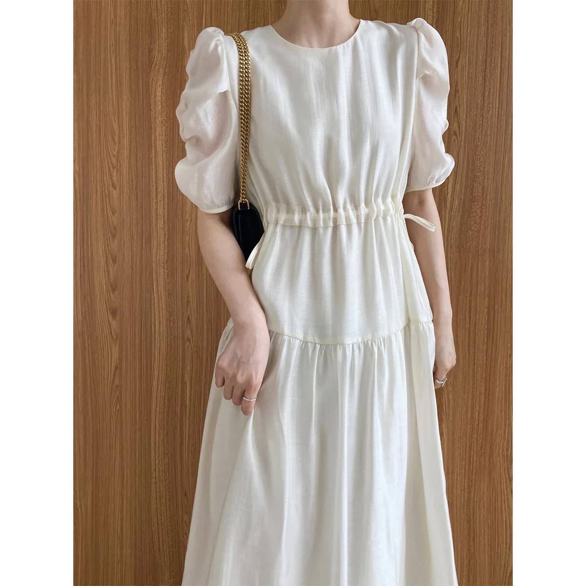 

Puff Sleeve Elastic Waist Midi Dress White Black Blue Summer New Elegant Korean Style Short Sleeve Women Dress