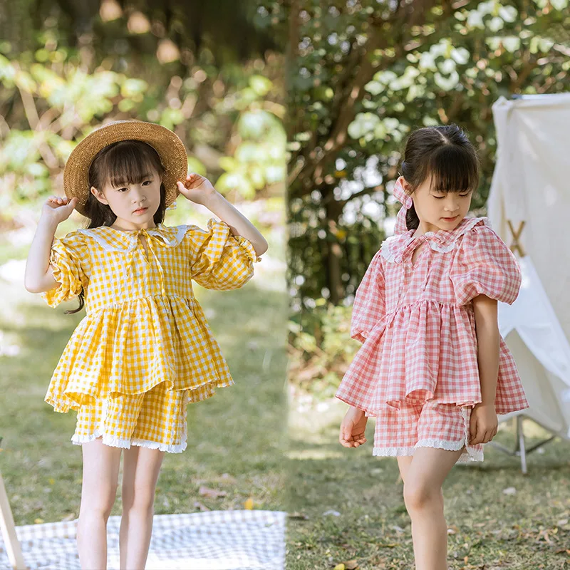 

Children's Clothing 2022 Summer Fashion New BEBE Cotton Plaid Suit Girls Lace Doll Shirt Shorts Little Girl Two-Piece Set