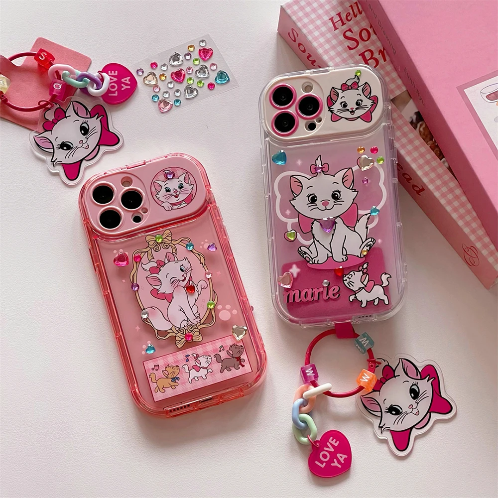 

Cute Cartoon Disney Mary Cat With Pendant Mirror Phone Case for IPhone 14 13 12 11 Pro Max X XR XS MAX Girl Anti-drop Back Cover