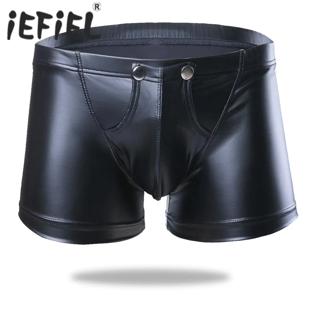 

Sexy Men Boxers Open Crotch Faux Leather Lingerie Stage U Convex Pouch Black Patent Leather Boxers Shorts Gay Mens Underwear