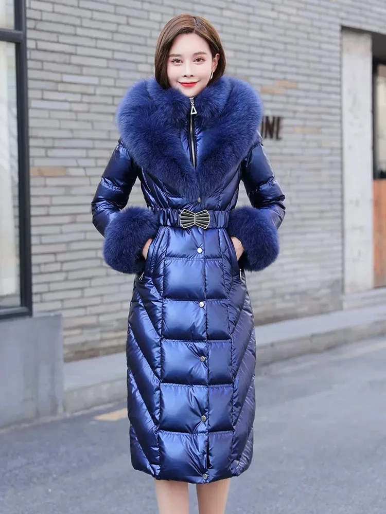 New Women Real Fur Down Coat Winter Fashion Hooded Double Fox Fur Collar Thicken Warm Long Wash Free Glossy Surface Down Jacket
