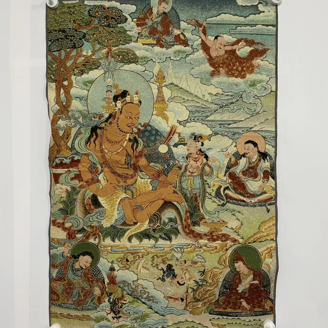 

35" Thangka embroidery Tibetan Buddhism silk brocade Huang Caishen sermon thangka hanging screen worship buddha Exorcism