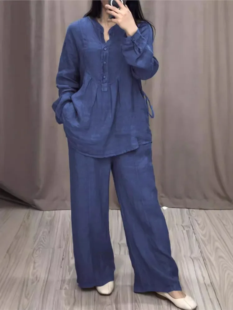 Простые однотонные брюки женские комплекты с длинными рукавами и пуговицами