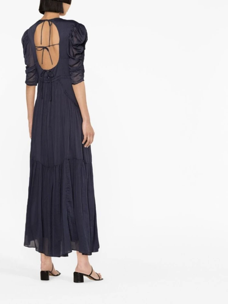 

2023 Summer New Solid Color Short Sleeve Back Hollow Tie Women Long Dress