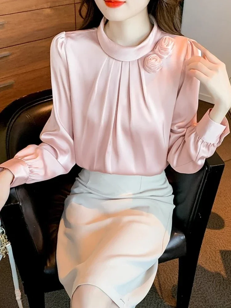 Элегантная атласная шифоновая рубашка осенняя Новинка 3D розовый топ с