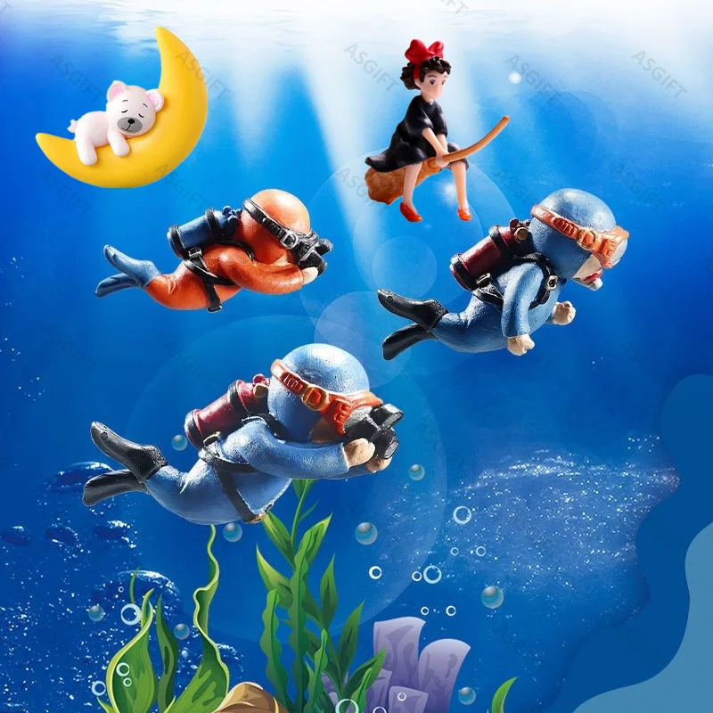 

New Miniature Diver Magic Girl Moon Dog Figure Floating Aquarium Decoration Home Fish Tank Cartoon Ornament Kid Gift