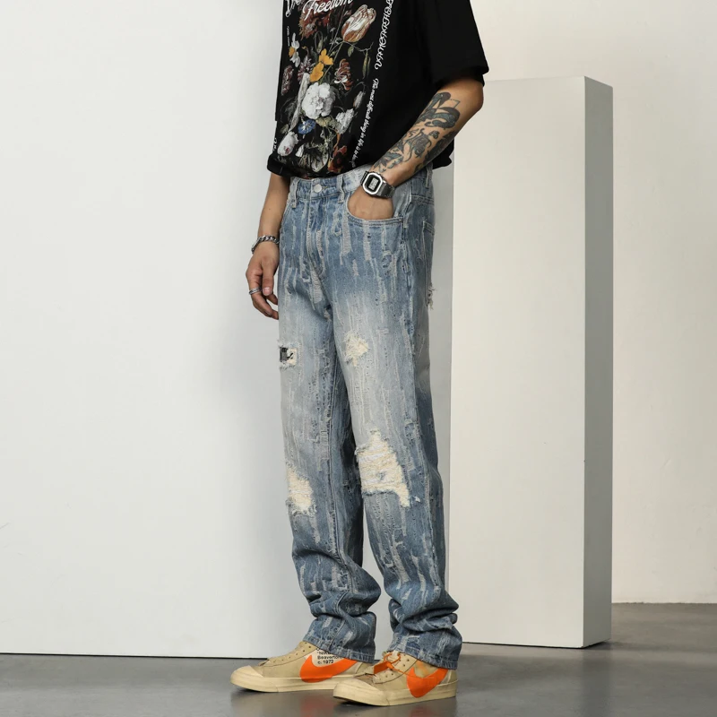 Four Seasons Men's European and American High Street American Trend Jeans Straight Trousers Fashion Streetwear Ins Hot Sale MEN