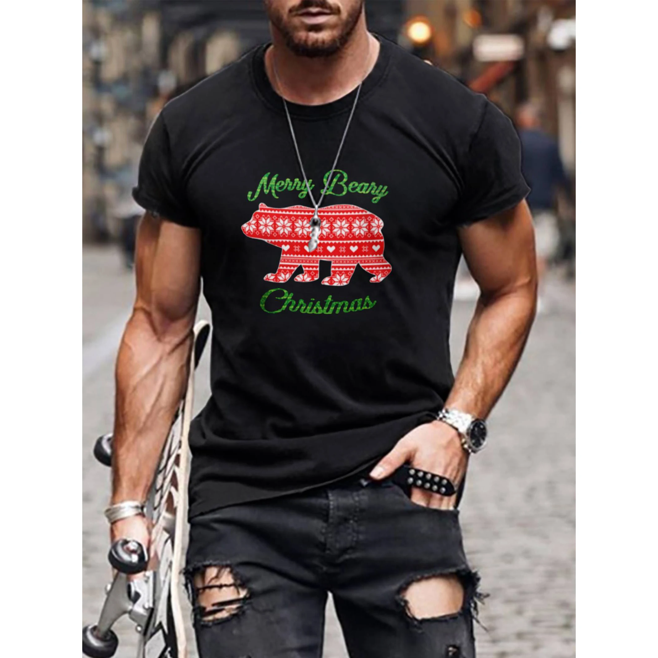 

Rheaclot Merry Christmas Letter Printing Men's Casual Long Sleeved Shirt