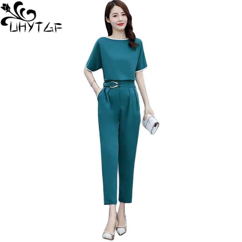 

UHYTGF 2022 New Summer Two Piece Set Women's Fashion Short-Sleeved Pullovers Ladies Tracksuit High-Waisted Pants Suit Female 31
