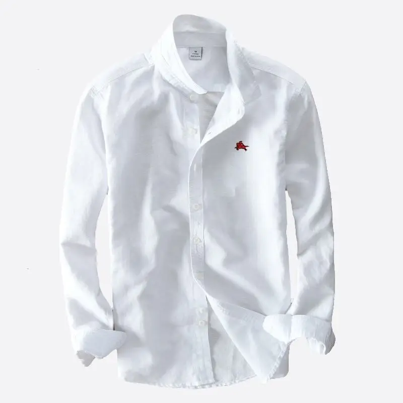 High Quality Men Shirt Spring Autumn Embroidery-Logo Casual Long Sleeve Linen Men's Shirts Hommes Blouse Cotton Mens Clothing