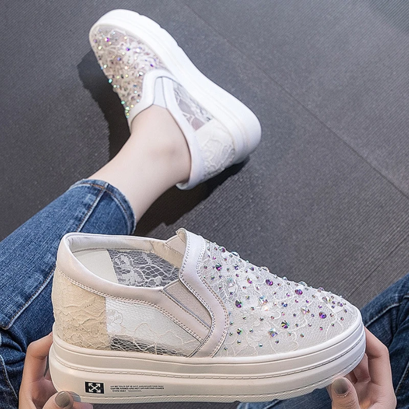 

Rhinestone Women's Sneakers Summer Mesh Round Head Casual Shoes Internal Height Increase Anti-slip Loafers Sapato Femininas