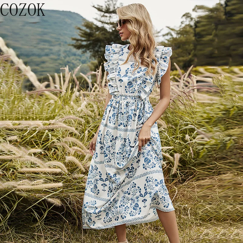 

COZOK 2022 Summer Fashion Women's Backless Temperament Thin Printed a-line Dress Sexy Dress