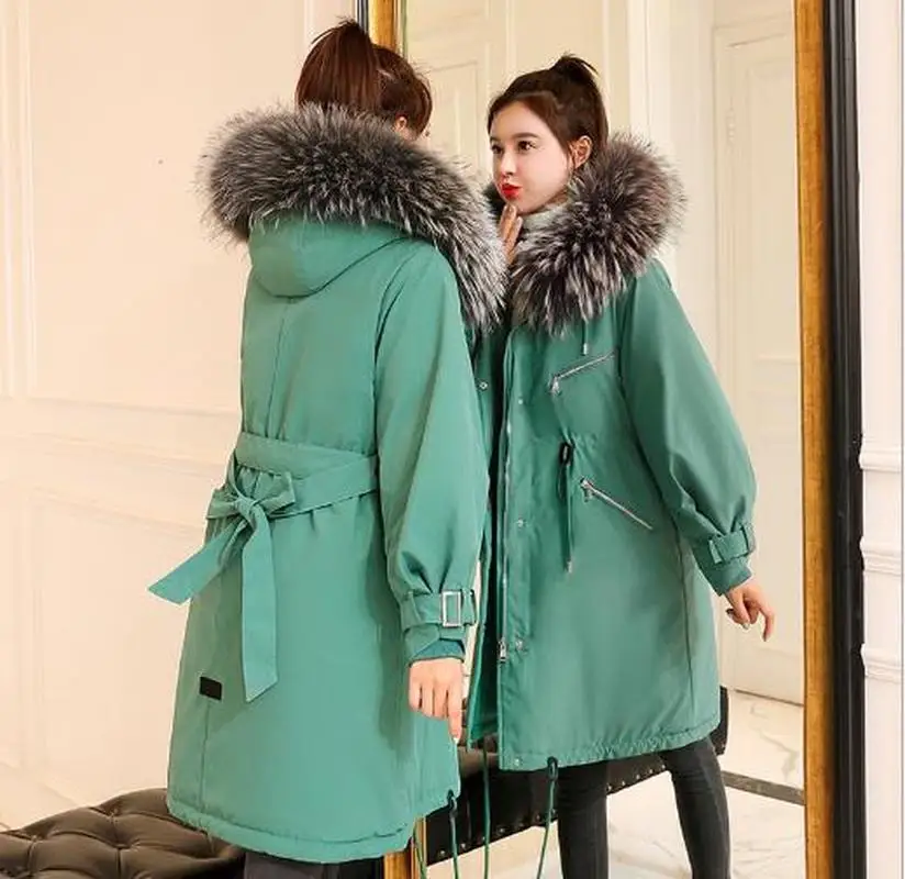 Fashion Thick Mid-length Parka Coat Jacket Ladies Thick Hooded Winter Warm Space Cotton Jacket Ladies Solid Color Lace Zipper