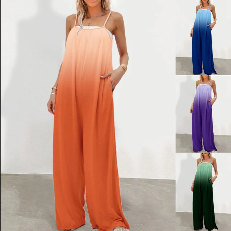

Harem Jumpsuit Spaghetti Long Camis Summer Vintage Loose Wide Leg Overall Jumpsuit Playsuits Pocket Bodysuits Women